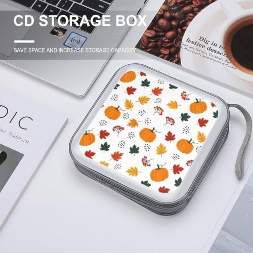 CD Cases 40 Capacity Fall Pumpkin Hard Shell Case DVD Holder Wallet | Disc Organizer Storage Binder, Fall Pumpkin Leaf Autumn Harvest Portable Zipper and Strap, for Home Car Travel