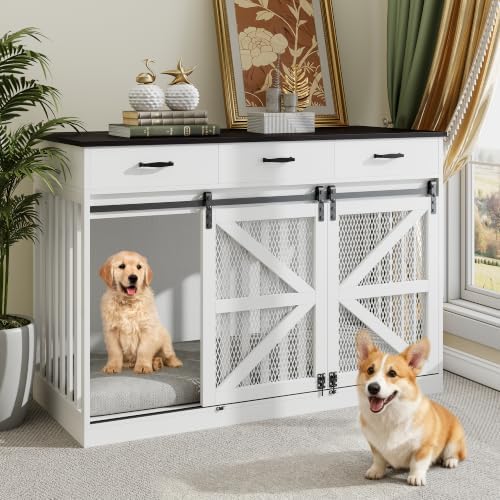 48" Dog Crate Furniture with Storage, Heavy Duty Dog Kennel Indoor with Divider for Small, Medium and Large Dogs, Large Dog Cage with Sliding Barn Door, Decorate House as TV Stand, End Table