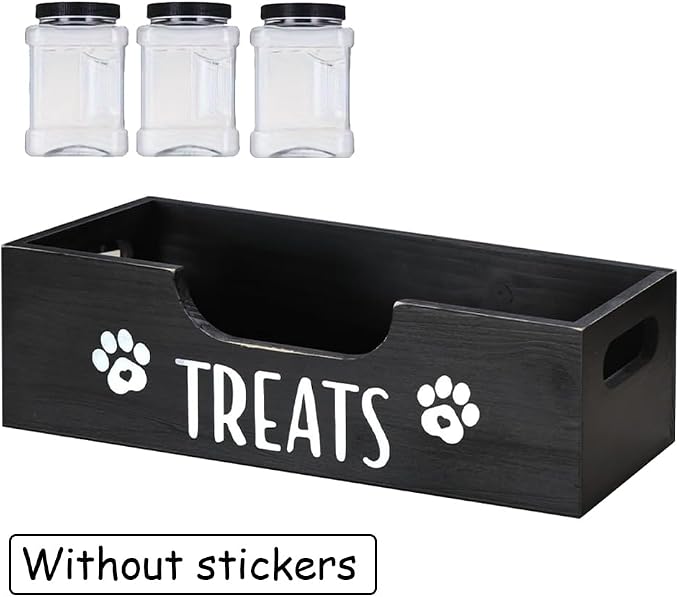 Dog Treat Container, Wooden Dog Food Storage Holder with 3 Plastic Treat Jar Snack Organizer, Multifunction Airtight Pet Treat Bin for Pet Gift Supply Accessories-Black