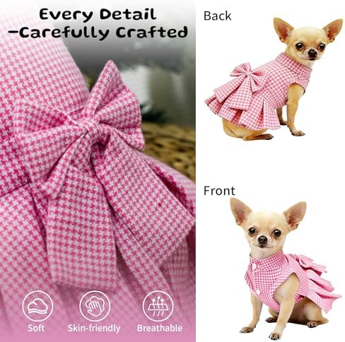 Classic Plaid Dog Dress with Bow Tie for Small Dogs Cats Girls, Cute Puppy Dresses Clothes with Bowknot Chihuahua French Bulldog Pet Apparel Outfits (Strawberry Pink, Small)