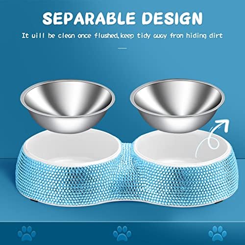 Dog Bowls Water and Food Bowls Stainless Steel with Non-Slip Resin Station and Bling Rhinestones, Pet Feeder Bowls for Puppy Medium Dogs Cats Puppy Pets (Blue, Double)