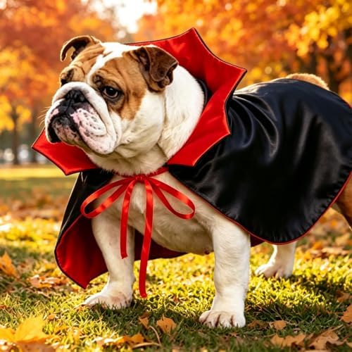 Halloween Vampire Cape Costume for Small Medium Pets, Black and Red Cloak with Collar, Cat Dog Dress Up Accessory