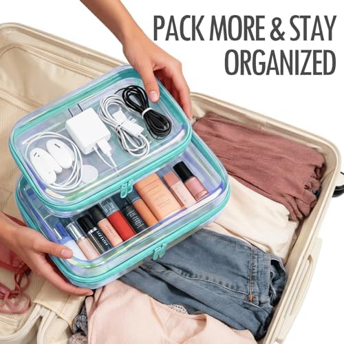 Clear Hard Shell Zipper Cases, 2 Pack, Iridescent | Water-resistant, crush-resistant PET shell protects toiletries, cosmetics, electronics, toys & baby items for travel and home