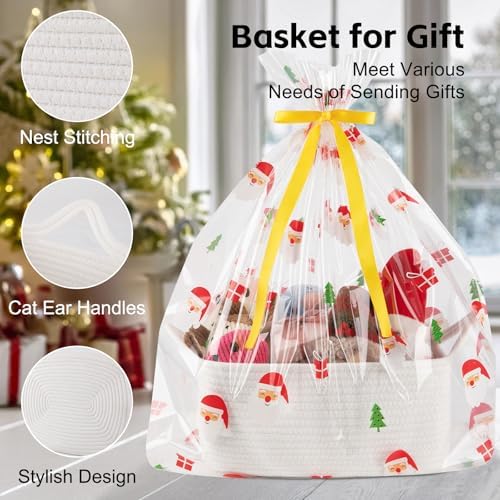 OIAHOMY Woven Basket, Gift Basket Empty with Gift Bags and Ribbons, Rope Baskets for Baby Showers, Storage Baskets with Handles for Nursery, Pet Toy Organizer - Christmas White