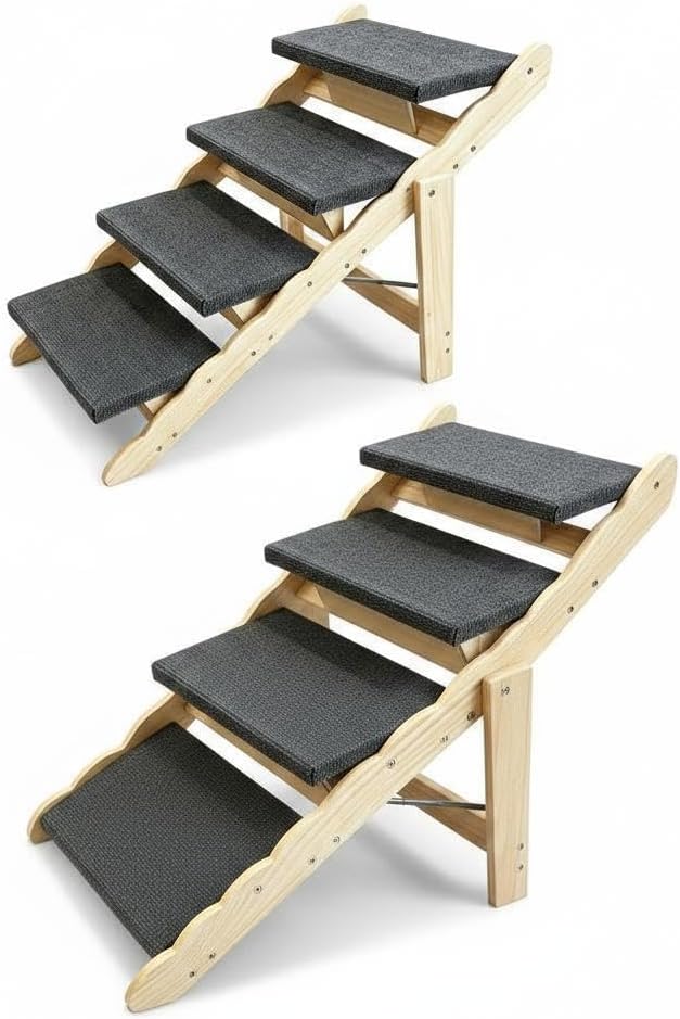 Wooden Pet Stairs, 2-in-1 Folded Pet Steps for Beds, Anti-Slip Dog Ramp with 4 Steps for Small Medium Large Pet, up to 150 lbs