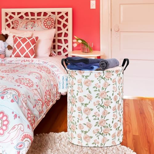 Round Laundry Basket Collapsible Storage Hamper Organizer Champagne Rose | Waterproof Canvas Foldable Baskets with sturdy Handles Multi-scene Organizer for Home Play Bedroom Gift Bin