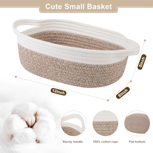 OIAHOMY Gift Basket Empty with Handle, 12"x 8"x 5" Small Woven Basket with Gift Bag, Ribbon and Wrap Tissue Paper, Dog Toy Storage for Organizing - Brown & White