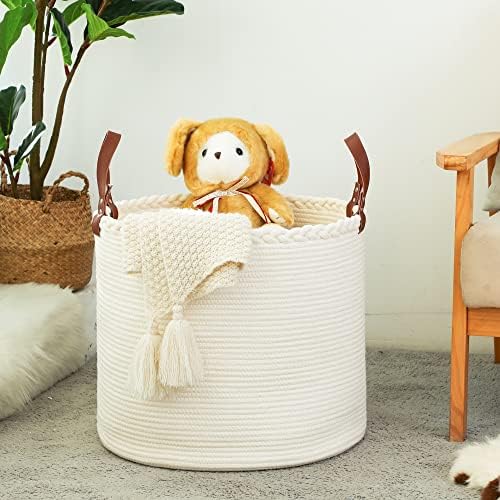 KAKAMAY Large Blanket Basket (18"x16"),Woven Baby Laundry Hamper,Cotton Rope Blanket Basket for Nursery, Laundry, Living Room, Pillows, Baby Toy chest with Leather Handles (White)