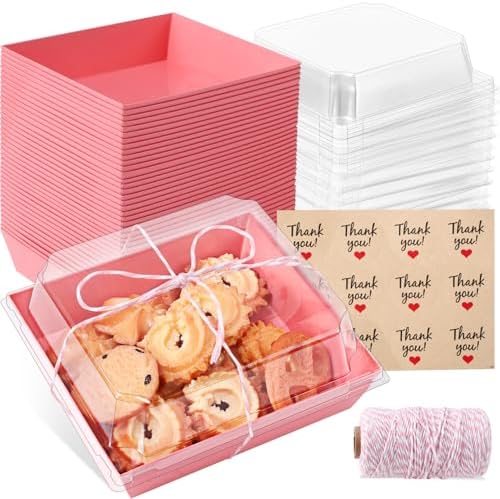 50 Pack Small Charcuterie Boxes with Clear Lids,5 inches Disposable Food Containers,Pink Dessert Boxes with Thank You Stickers,Bakery Box for Sandwich, Strawberries,Cookie,Cake Slice(Pink)
