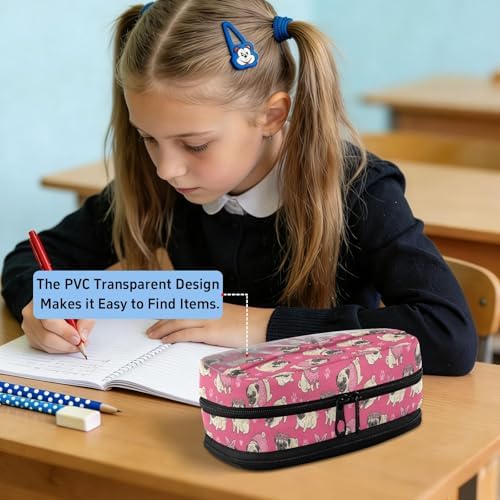 Cute Pets Pugs Pink pattern Large Capacity Pencil Case with Zipper Water Resistant Portable Organizer Pen Bag for School Students Office
