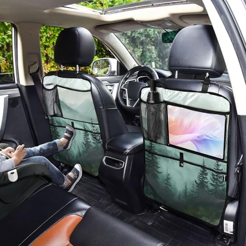 1 Pack Back Seat Car Organizer with Storage Pockets Kick Mats Back Seat Protector Hanging Car Organizer Automotive Seat Back Cover Organizers Green Mountains and Pine Trees