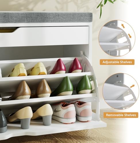 VOWNER Shoe Storage Bench with 3-Tier Flip Drawer, Shoe Rack Bench with Adjustable Shelves & Hidden Storage Space, Shoe Organizer for Entryway, Hallway, Living Room, White