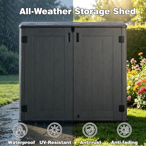 Horizontal Resin Storage Cabinet for Garage, 31 Cuft Waterproof Thickened Outdoor Resin Storage Shed with Floor & Lockable Double Doors for Patio, Garden and Trash Can, Black
