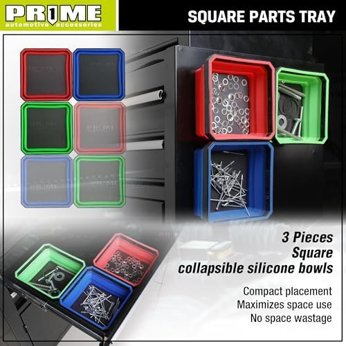 PR1ME Upgrade Collapsible Magnetic Parts Tray Set, 3 Pack, Foldable Magnetic Tool, 4.25 inch Square Silicone Bowls with Magnetic Base Stores and Organizes Small Parts and Tools