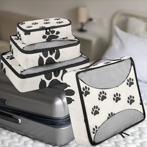 Dog Paws 4 Set Packing Cubes Luggage Organizer Bags for Travel Accessories and Essentials, Cute Footprints