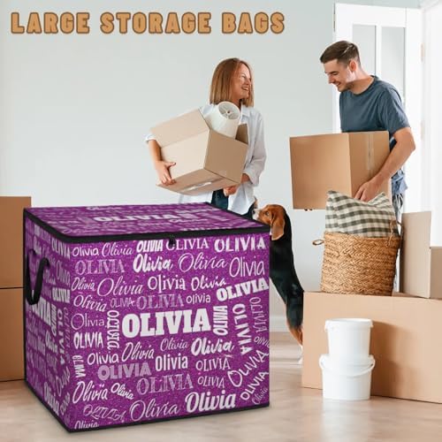 Personalized Name Large Storage Basket with Lid, Canvas Storage Bins Quilt Clothes Organizer for Bedroom, Kitchen, Bathroom, Nursery, Shelves, Closets, Dark Magenta Purple Glittering Bling