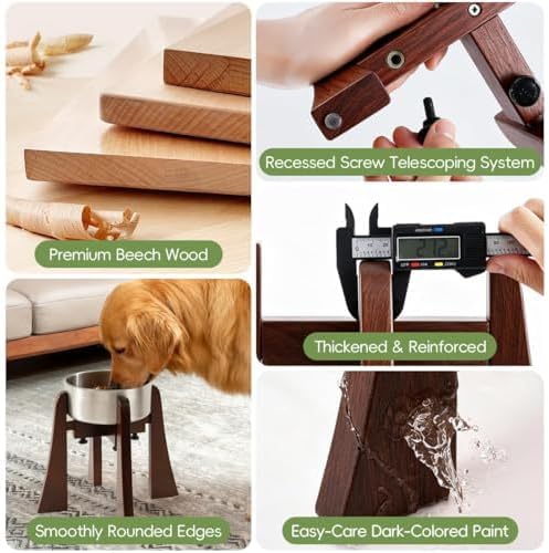 Solid Wood Elevated Dog Bowl Stand Set with Stainless Steel Bowl, 10-Inch | Raised Feeder with Adjustable Width Fits 6.3-7.8 Inch Dog Food Water Bowls, Non-Slip Base for Medium and Senior Dogs