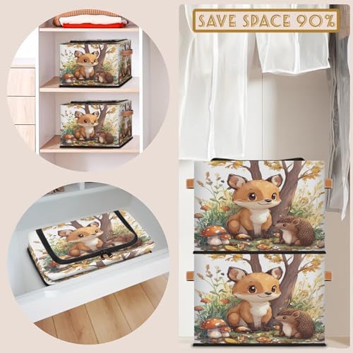Mushroom Fox Storage Bins with Zipper Lid Foldable Fabric Organizer Box with Handles Rectangular Closet Clothes Organizer Containers