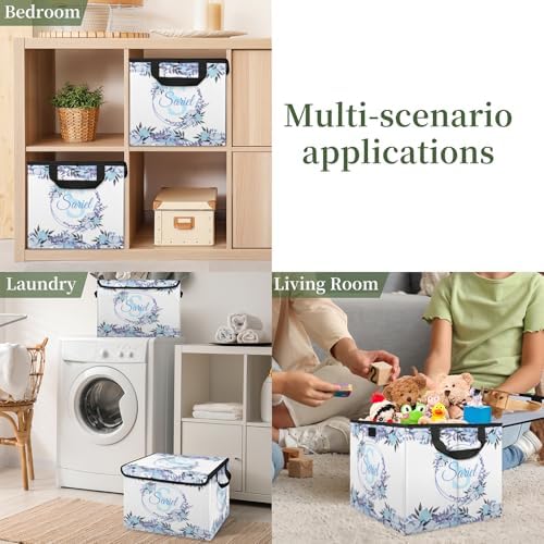 Blue Flower Storage Bin with Lid Personalized Storage Baskets for Organizing Foldable Closet Organizers with Handles,Cute Basket for Boys Girls for Clothes Blanket Pet Dog Toy Basket Storage (2 Pack)
