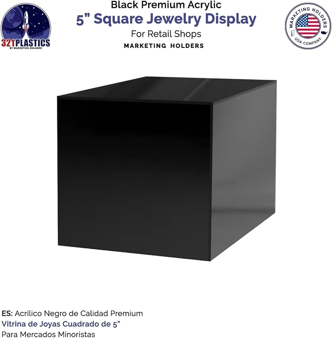 4 Pack 5 Inch Acrylic Display Riser Box No Lid Black Square Retail Product Riser One Open Side Preassembled Merchandise Storage Box Flippable Cubby for Expos and Tradeshows by Marketing Holders