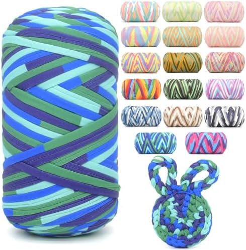400g Tshirt Yarn for Crochet,Rainbow T Shirt Soft Elastic Fabric Chunky Thick T-Shirt Crochet Yarn for Crocheting Knitting Beginner Hand Knitting for Bag/DIY Craft/Home Decor-Ocean Tone