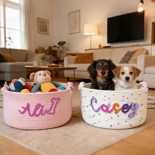 Personalized Dog Toy Basket with Embroidery Name Custom Cotton Rope Pet Storage Bin for Toys Treats Large Capacity Storage Bin with Handle Home Organizer & Pet Gift