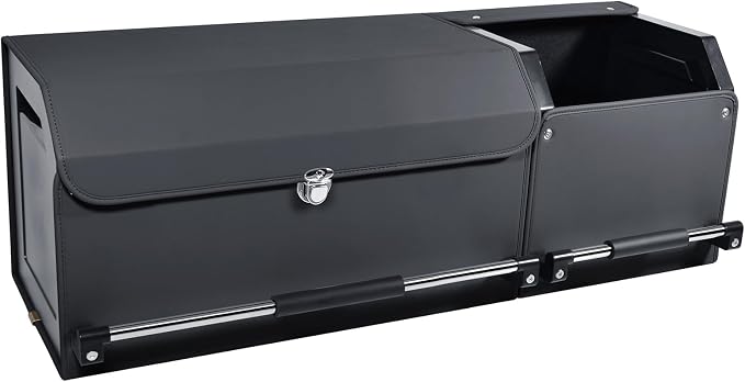 Leather Car Trunk Organizer SUV Trunk Organizer Car Trunk Storage Organizer | Large Trunk Organizer with Lid and Sturdy Handle Car Cargo Storage Box (Black, 36.2 x 11.4 x 12.2in)