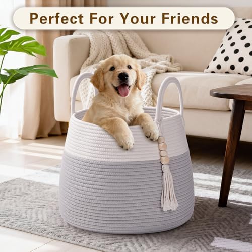 Large Nursery Hamper, 30L Blanket Basket with Handle, Baby Laundry Basket for Gift, Toy, Clothes, Woven Storage Basket with Wooden Bead Decor, Baby Hamper for Nursery (Black&Brown)