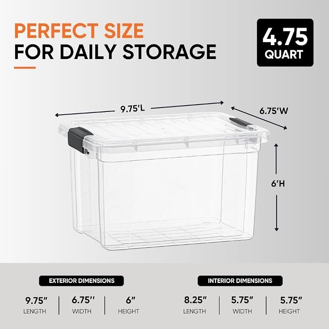 Superio 4.75 Quart Clear Plastic Storage Boxes with Lids, Stackable Organizer Containers, BPA-Free Storage Bins for Home, Office, School & Dorm, 10 Pack