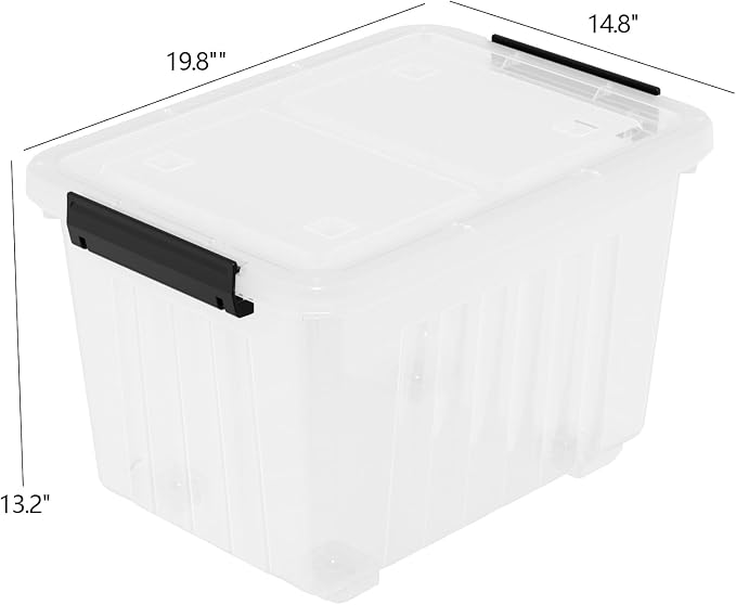 4-Pack 50 Quart Plastic Storage Bin, Stackable Wheeled Box, Clear | Box Organizing Container with Lid and Secure Latching Buckles, Stackable Rolling Storage Boxes, Clear See-Through