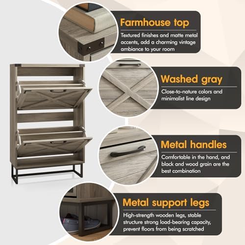 Maupvit 24" W Farmhouse Shoe Cabinet Storage for Entryway, Freestanding Organizer with 2 Flip Drawers, Narrow Shoe Rack Cabinet with Metal Corner Decoration, Washed Gray