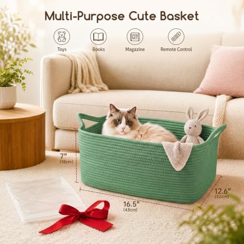 OIASKET Large Empty Cotton Rope Gift Basket with Handles, 16.5"x12.6"x7" Decorative Woven Storage Basket with Gift Bag and Ribbon Set for Baby Shower, Toy Organizer for Kids, Dogs & Cats - Green