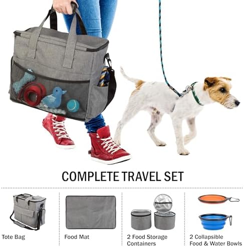 Dog Travel Bag - Cat and Dog Storage Organizer with Pockets, Mat, 2 Food Containers, and 2 Large Collapsible Travel Dog Bowls by PETMAKER (Gray)