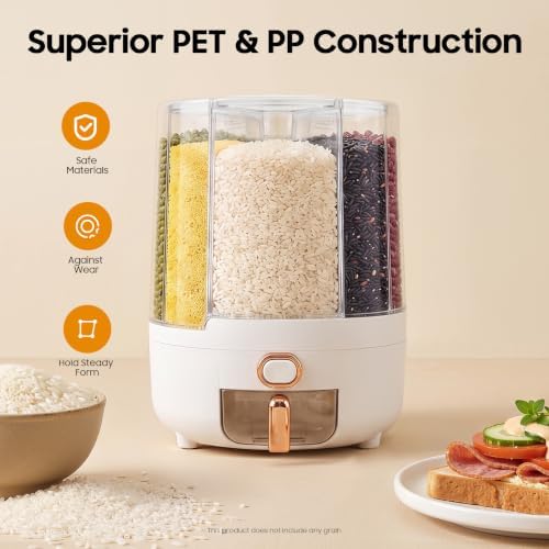 360° Rotating 6 Grid Rice & Cereal Dispenser, Dry Grain Storage Organizer | Rice Storage Container with Independent Drawer and Lid, Dry Food Dispenser for Store Rice&Various Beans, 14.33lbs Capacity