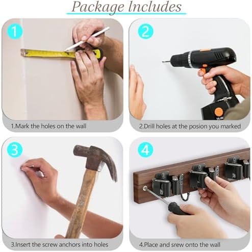 Broom Holder Wall Mount, Rustic Wood Broom Hanger with 5 Racks and 4 Hooks, Laundry Room Organization and Storage, Mop Holder for Home Decor, Garden, Garage, Kitchen, Closet (Black walnut Wood)