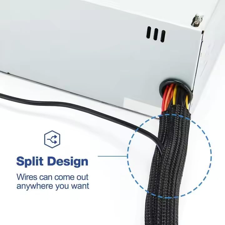 10ft Braided Cable Sleeve - 3/4" Split Wire Loom Cord Protector for Desk PC TV Computer USB Charger Cables - Flexible Cable Management, Dust Proof, Pet Proof (Black)
