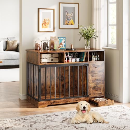 IDEALHOUSE 48'' Dog Crate Furniture with Bowl & Storage Drawers, Farmhouse Heavy Duty Dog Kennel Table for Small Medium Dogs, Indoor Wooden Dog Cage for Living Room, Entryway, Retro Brown