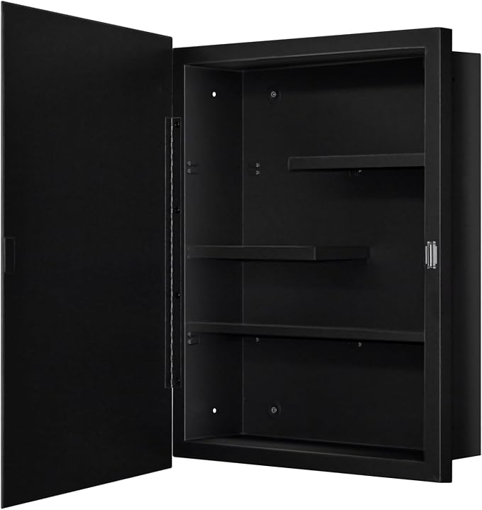Black Metal Medicine Cabinet With Mirror, 16 x 20 Recessed Bathroom Storage | Recessed or Surface Mount Beveled Mirror Cabinet with Adjustable Staggered Shelves, Piano Hinge, Reversible Door, Powder Coat