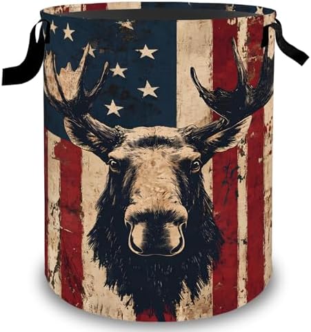 Moose Laundry Basket Hamper, Organizer Bins Gifts for Women Kids, Rustic American Flag Cabin Foldable Waterproof Clothes Hamper Handles Storage Bucket for Bedroom Bathroom Room Decor 19.7"x15.7"