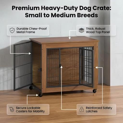 Dog Crate Furniture with Wheels, Wooden Dog Kennel Indoor, Decorative Side End Table for Small Dogs, Easy Installation (32.5'')