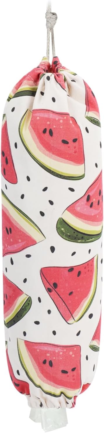Plastic Bag Holder, Reusable Grocery Bag Holder for Plastic Bags Groceries Store, Flower Canvas Trash Plastic Bag Organizer Storage Holders for Home Kitchen Pantry Decor (Cute Watermelon)