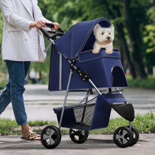 Foldable 3-Wheel Pet Stroller for Small Dogs & Cats, Navy Blue | Storage Basket & Cup Holder, Breathable Mesh Cover, Lightweight and Durable, for Small to Medium Pets, up to 33 lbs