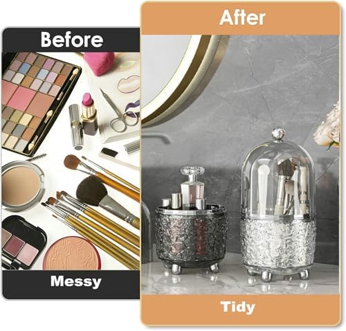 CHIRISEN 360 Rotating Makeup Brush Holder with Lid Dustproof Spinning Brush Storage for Bathroom Countertop, Cosmetic Tools Organizer with Cover for Vanity (Clear)