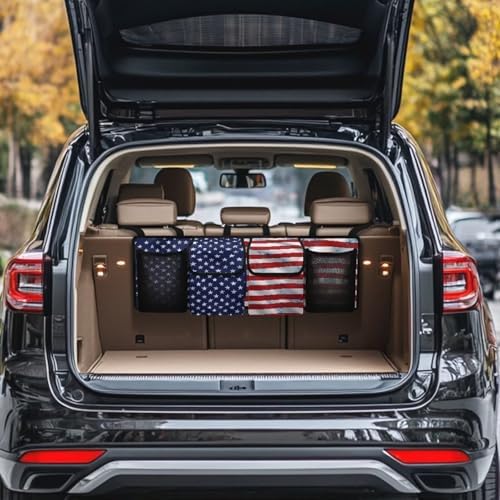 Dreaweet American Flag Trunk Hanging Organizer Backseat Bag Car Storage Accessories with 2 Pockets & 2 Mesh Pouches for Groceries Universal Car Trunk Storage Organizer for SUV Truck Minivan