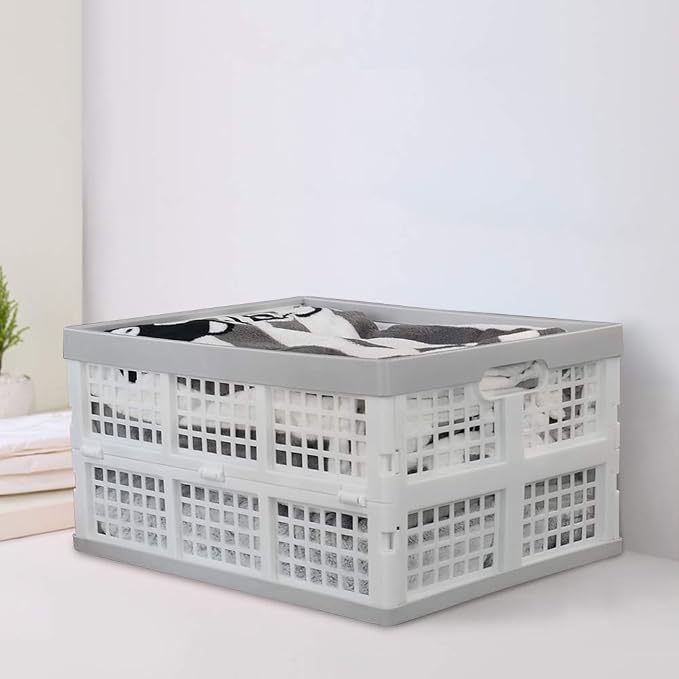 Vababa 28 L Plastic Collapsible Storage Bins, Set of 3 | Stacking Utility Foldable Basket, Collapsible Crates, Ideal for Groceries, Toys, Sundries, Household Supplies Storage
