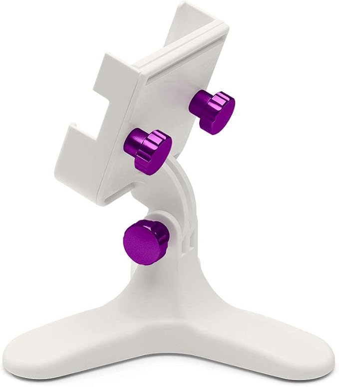 WeatherTech DeskFone Two View in White - Adjustable, Universal Cell Phone Holder Mount Stand for Desk, Counter, Table - Tripod Design for iPhone & Smartphone Charging - Violet Metal Knobs