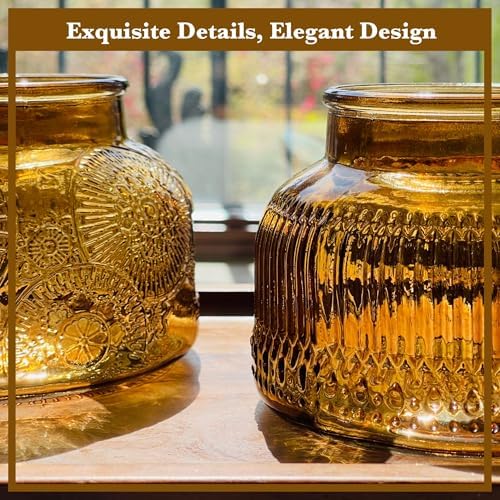 Decorative Amber Glass Jars with Airtight Wooden Lids 2 pack, 25.4 fl. oz | Wide mouth vintage storage canister, kitchen pantry bathroom organization, coffee sugar tea cookie candy candle vase gift