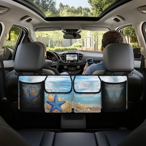 Dreaweet Blue Beach Trunk Organizer for Car Women Back Seat Hanging Organizer with 4 Pockets Portable Collapsible Trunk Organizer for SUV Sedan Van Car Storage Accessories Interior