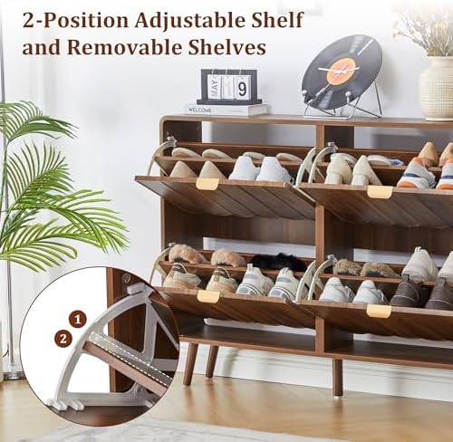 ORRD Shoe Storage Cabinet for Entryway with 4 Flip Drawers, Freestanding Narrow Wood Shoe Cabinet with Wave Panel, Hidden Shoe Organizer for Foyer, Hallway (Walnut)