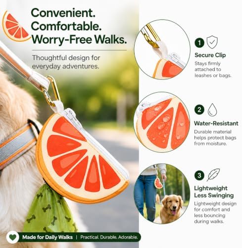 Grapefruit Poop Bag Holder - Cute Leash Dispenser for Dog Walking | Stylish Zipper Case Dog Poop Bag Holder & Trash Carrier, Leash Attachable Dispenser for Poop Bags, Cute Walking Accessory